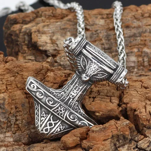 Vista 3 de GuoShuang Viking - Collar con colgante de amuleto de runa Thor Mjolnir de acero inoxidable 316L, Acero inoxidable