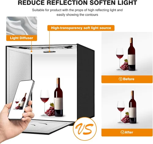 Vista 5 de Caja de luz para fotografía de 20"x20" con 160 luces LED y 6 fondos de color, caja de fotos con luces, caja de luz plegable con brillo ajustable