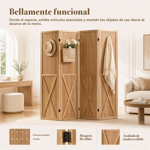 Vista 3 de Divisor de Habitación de Madera con Tablero Perforado de 4 Paneles, Pantalla de Privacidad Plegable con Exhibidor de Tablero Perforado de 5.6 Pies 4