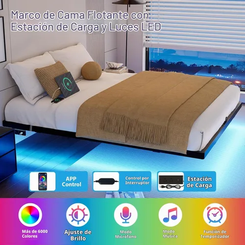 Vista 3 de Base de cama flotante de tamaño individual con luces LED y estación de carga, cama moderna de plataforma de metal, resistente, fácil montaje,