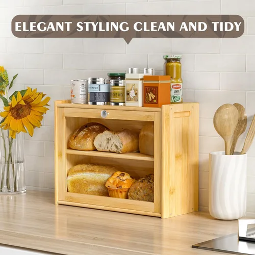 Vista 6 de Caja de pan para encimera de cocina, contenedor de pan grande de doble capa con puerta transparente, almacenamiento de pan y uso múltiple, etc