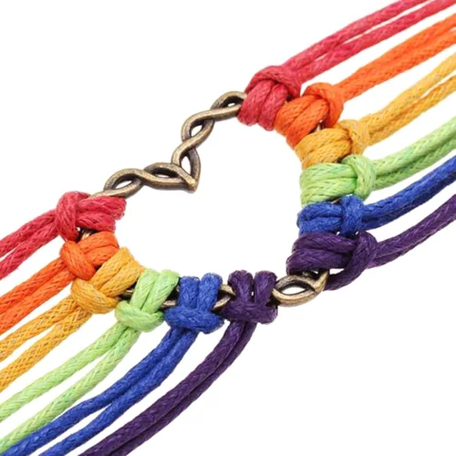 Vista 5 de Pulsera para mujer diseño de corazón de Orgullo Gay multicapa arco iris pulsera de cuerda para lesbianas