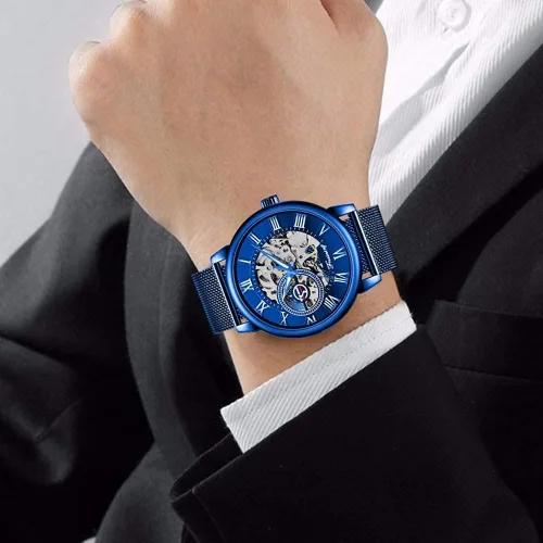 Vista 5 de Dentily Reloj de esqueleto para hombre clásico con número romano Steampunk Reloj mecánico Relojes de viento para hombre (azul)