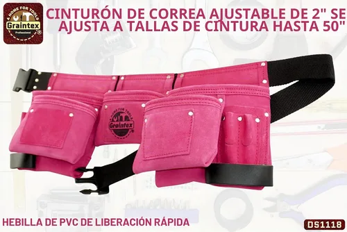 Vista 7 de Graintex DS1118 Cinturón de herramientas rosa de 8 bolsillos en cuero de gamuza con cinturón de 2 pulgadas, 2 bucles de cuero para martillo