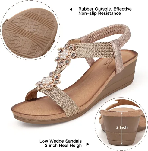 Vista 4 de SHIBEVER Sandalias de cuña para mujer, de verano, elegantes, cómodas, de moda, para caminar, correa al tobillo y hebilla