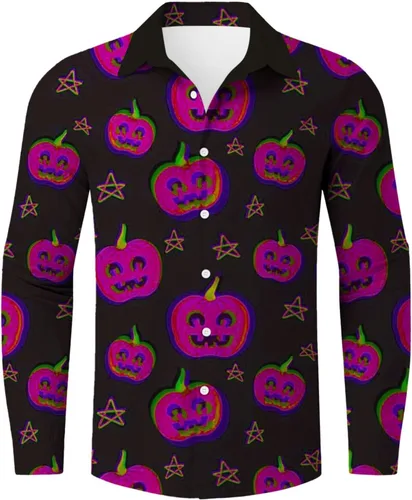 Vista 4 de Camisa de Halloween para hombre, diseño de calabazas divertidas, manga larga, con botones, hawaiana, para otoño, invierno, disfraz de Halloween
