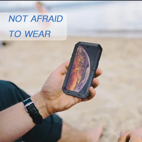 Vista 6 de Lanhiem Funda de metal para iPhone X/Xs, resistente a los golpes [Tough Armour] con protector de pantalla de vidrio integrado, funda protectora