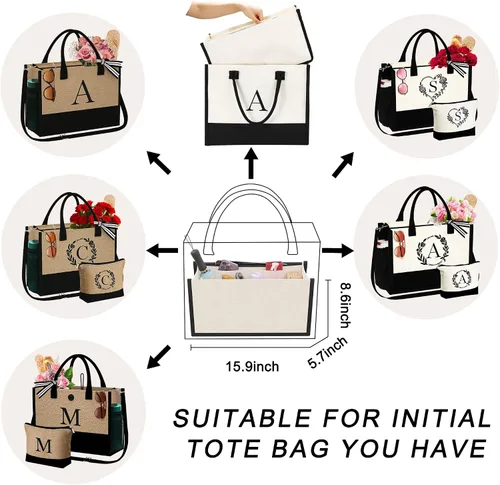 Vista 8 de YOOLIFE Regalos personalizados para mujer, bolsa de lona con monograma con organizador con cremallera, regalo de cumpleaños para mujeres, Blanco, B