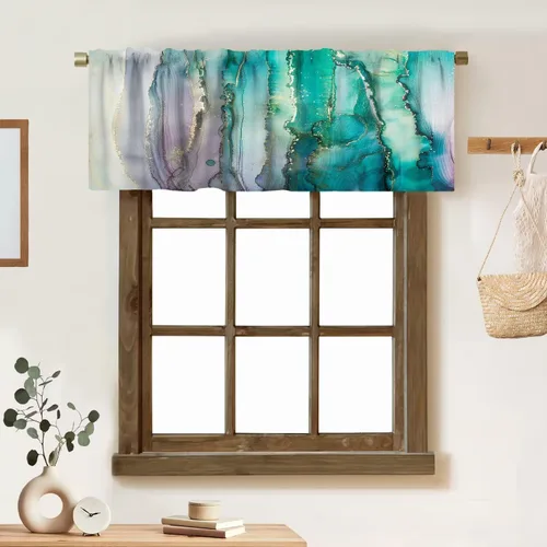 Vista 31 de Cortina de cenefa de mármol verde con venas doradas de mármol negro, diseño abstracto de lujo, elegante cenefa con bolsillo para barra, 1 panel