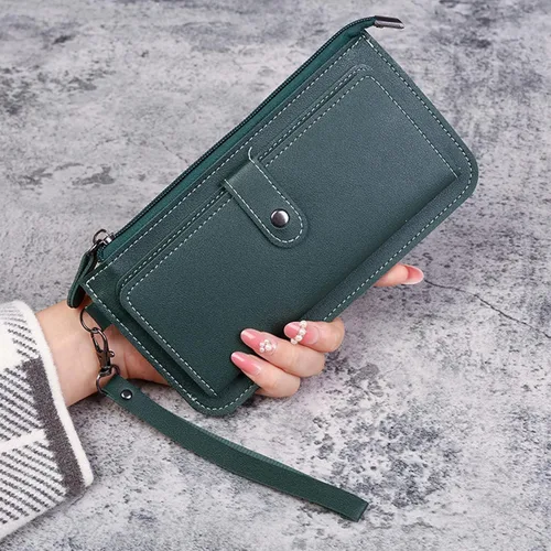 Vista 2 de Billeteras plegables de cuero para mujer, con cierre de cremallera, funda para tarjetas de crédito, cartera delgada para tarjetero de crédito