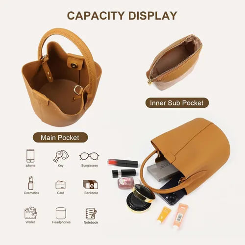 Vista 4 de Bolsos de cubo para mujer, bolsos cruzados de cuero auténtico, carteras con asa superior y correa ajustable