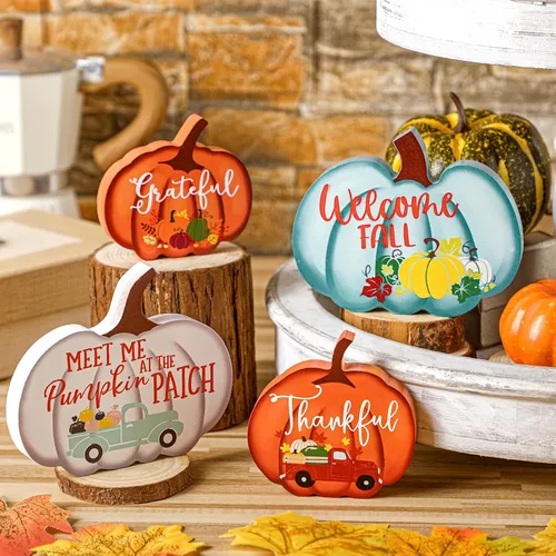 Vista 2 de Jetec 4 piezas de decoración de otoño para decoración de Acción de Gracias, letreros de calabaza de madera rústica para decoración de bandejas
