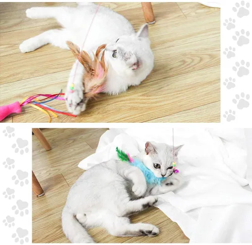 Vista 3 de MAIYU Juguete de varita de plumas para gatos, paquete de 3 unidades de alambre de acero, entrenamiento interactivo para gatos, campanas de cuentas