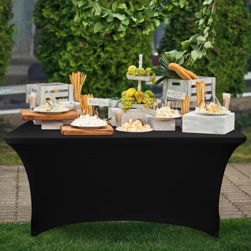 Vista 6 de Nasitos Paquete de 2 Manteles Ajustados de Spandex Negro para Mesas de 4 Pies - Cubierta para Mesa Plegable con Respaldo Abierto, Tela Lavable