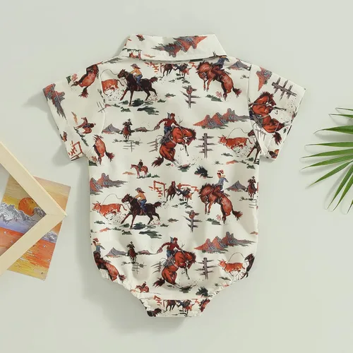 Vista 7 de Lamuusaa Ropa occidental para bebé, camisa de manga corta, con botones, camisa con estampado de vaca, mameluco de verano de 0 a 18 meses