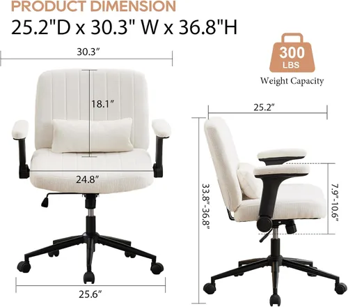 Vista 3 de IPKIG Silla cruzada con brazos abatibles ajustables, silla de tocador con ruedas, cómoda silla de escritorio con almohada lumbar, silla de oficina
