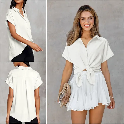 Vista 3 de Meetrendi Camisas con botones para mujer, blusa sólida de manga corta de murciélago con bolsillos