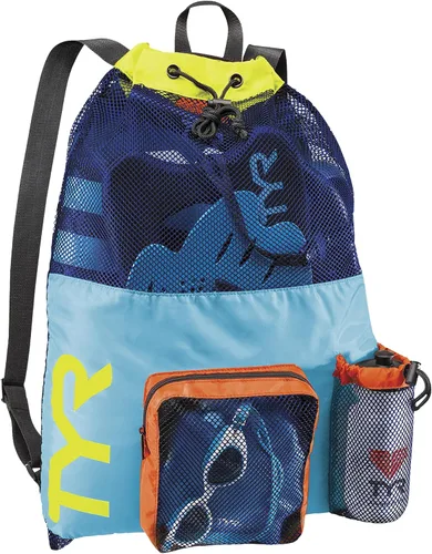 Vista 6 de TYR Mochila Big Mesh Mummy para natación, gimnasio y equipo de entrenamiento, color negro, capacidad de 40 litros