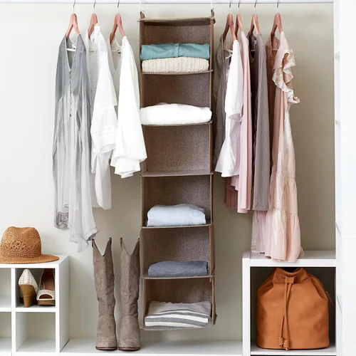 Vista 9 de Household Essentials Organizador de armario colgante de 6 estantes, estante colgante de armario, estantería de tela de lino y PEVA, beige