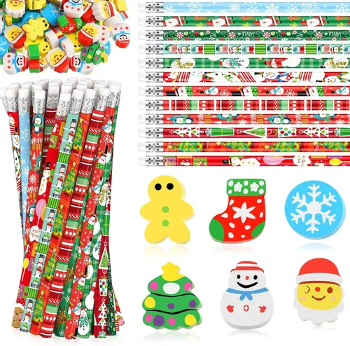 Vista 8 de Crtiin 72 lápices de Navidad y mini borradores a granel, lindo y divertido lápiz y borradores, hombre de jengibre, Papá Noel, muñeco de nieve