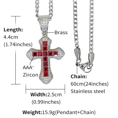 Vista 4 de ZeaLian Collar de cruz de circonita de hip hop, chapado en oroplata, cristal egipcio, colgante de cruz de cristal copto Ankh, joyería de cadena