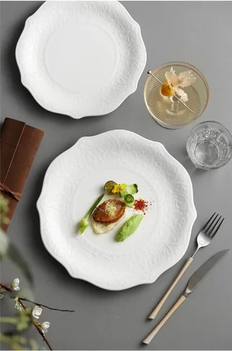Vista 5 de SOUJOY Juego de 6 platos de ensalada, platos de porcelana de 8 pulgadas para servir postres, platos pequeños con impresión en relieve