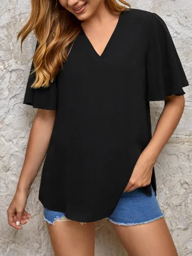 Vista 4 de OYOANGLE Women's Maternity Short Sleeve Split Hem V Neck Casual Soft Tunic Tee Shirt