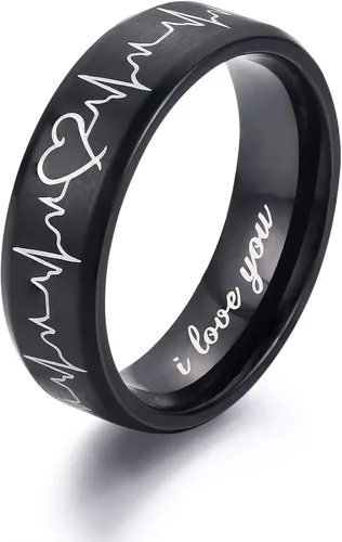Vista 3 de Lavumo - Anillos de acero inoxidable a juego para promesa de boda de parejas diseño con grabado de latidos del corazón y leyenda I love you ajuste