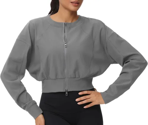 Vista 8 de THE GYM PEOPLE Chaquetas cortas para mujer, con cremallera completa, manga larga, acanaladas, sudaderas de entrenamiento, ligeras, casuales