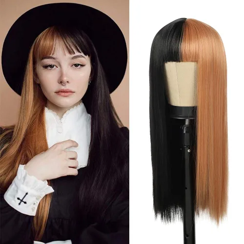 Vista 23 de Kaneles Peluca rizada de color rojo degradado, pelucas de cabello largo ondulado para mujer, pelucas de fibra sintética negra y roja para fiesta