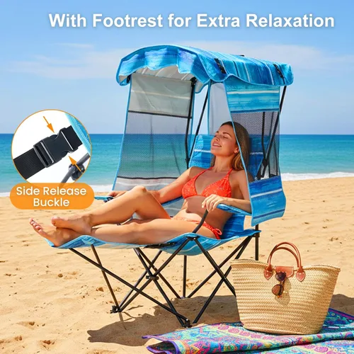 Vista 4 de ABORON Silla de camping con toldo, silla de playa plegable con sombra, silla portátil para exteriores con portavasos y bolsa refrigeradora
