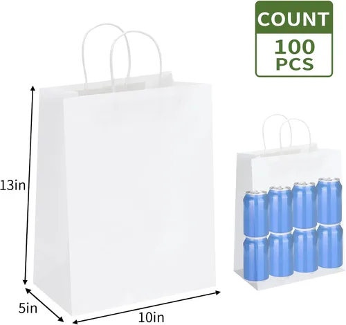 Vista 2 de Moretoes Bolsas de papel con asas, 100 unidades de 10 x 5 x 13 pulgadas, bolsas de regalo de papel kraft blancas a granel para compras, venta al por