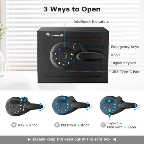 Vista 3 de Bonsaii caja fuerte con teclado electrónico, caja de seguridad de acero con llave, 0.23 pies cúbicos, 9.06 pulgadas de ancho x 6.69 pulgadas
