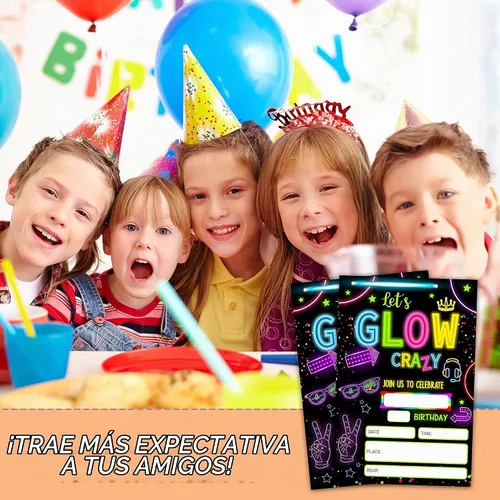 Vista 5 de Invitaciones de fiesta de cumpleaños con neón y brillo, 20 unidades. Invitaciones temáticas de cumpleaños "Let's Glow Crazy" con sobres - HBYQK-B02
