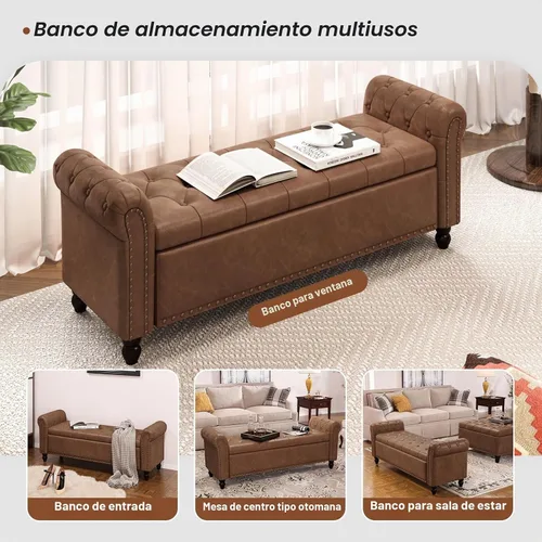 Vista 4 de FiveWillowise - Banco de dormitorio de 65 pulgadas, banco de extremo de cama con almacenamiento, color marrón