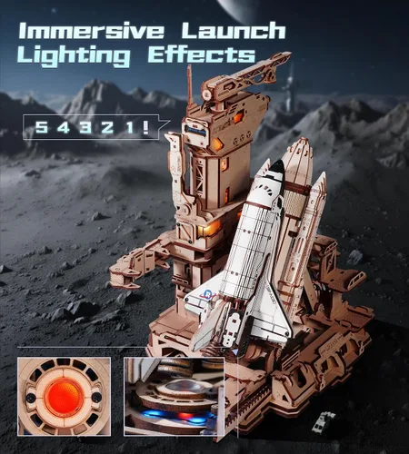 Vista 2 de ROKR 3D Puzzles - Modelo de transbordador espacial - Base de lanzamiento dinámica con elevación motorizada, efectos de luz LED, kit de construcción