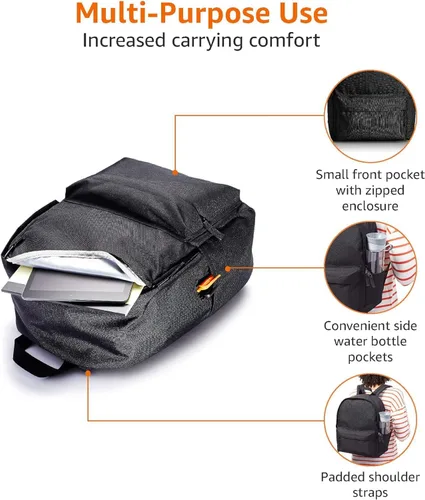 Vista 3 de Amazon Basics Mochila para escuela, estudio, viajes, diseño clásico duradero, bolsa de libros, color negro