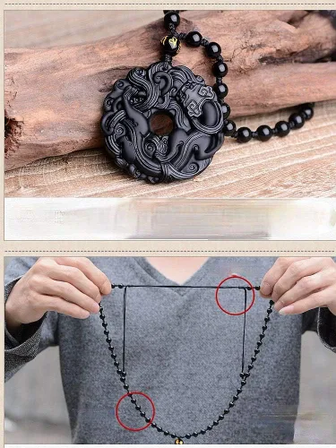 Vista 6 de Collar de amuleto de paz, de obsidiana natural, con cadena de cuentas ajustable para hombres y hombres