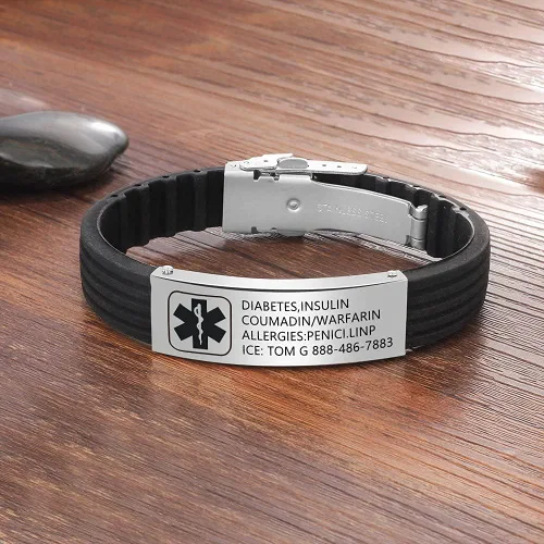 Vista 7 de Pulsera personalizada de silicona, pulsera médica deportiva de identificación de emergencia para hombres, mujeres y niños, grabado gratuito