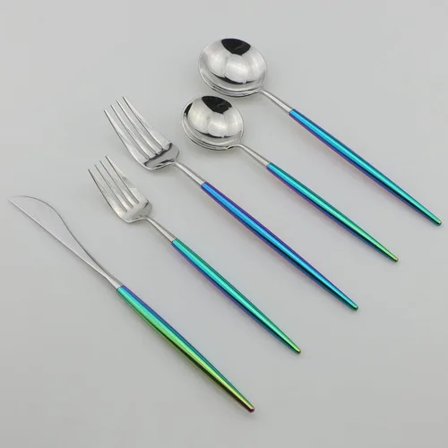 Vista 6 de Juego de cubiertos Coloful Rainbow Handle Silver de 5 piezas, espejo de acero inoxidable 18/10, servicio para 1 plateado