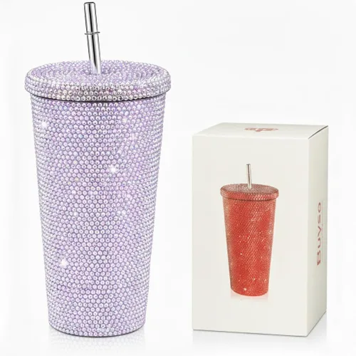 Vista 9 de Vaso térmico con diamantes de imitación con tapa, reutilizable, aislado, de acero inoxidable de alta calidad, botella de agua estética de primera