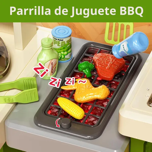 Vista 3 de Pupu Pig Juego de cocina para niños, cocina de juego con estufa de juguete, parrilla, fregadero, comida de juguete, accesorios de cocina, juego