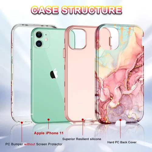 Vista 3 de CASEFIV Funda compatible con iPhone 11, patrón de mármol 3 en 1, resistente a prueba de golpes y caídas, cuerpo completo, policarbonato duro