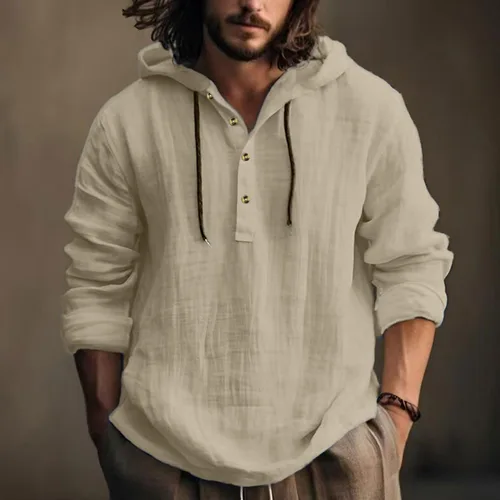 Vista 2 de Camisas de algodón y lino para hombre, estilo retro, hippie, guayabera, con capucha, manga larga, cuello en V, con botones, sudaderas con capucha