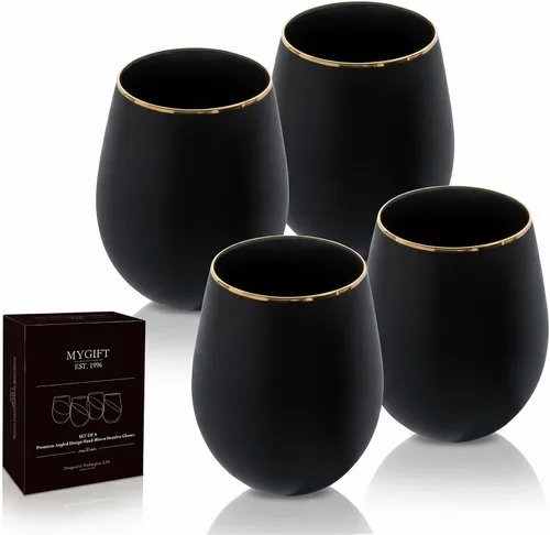 Vista 10 de MyGift Copas de vino modernas de 14 onzas sin tallo de vidrio azul iridiscente con borde en ángulo, cristalería transparente con tinte de brillo