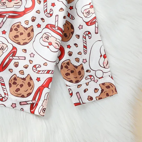 Vista 6 de BULINGNA Conjunto de pijama de dos piezas de Navidad para niños y niñas pequeñas, pijama de satén con diseño de galleta de Papá Noel y pantalones