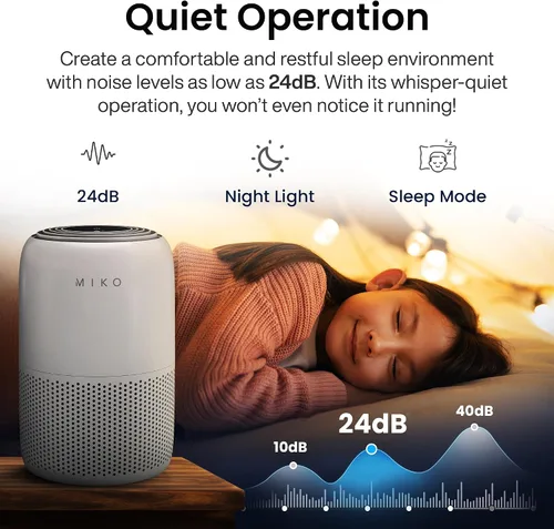 Vista 8 de MIKO Purificador de aire para dormitorio con filtro HEPA 3 en 1 y modo de sueño, silencioso como un susurro, cubre hasta 1200 pies cuadrados