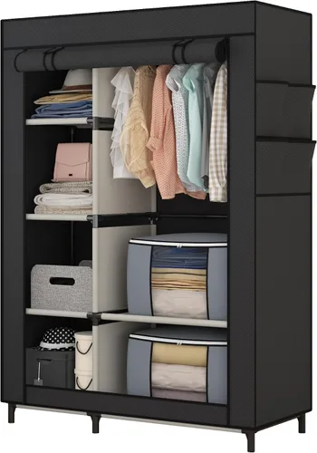 Vista 2 de Calmootey Armario portátil, armario con 6 estantes y barra para colgar, organizador de almacenamiento para dormitorio, funda de tela no tejida con 4