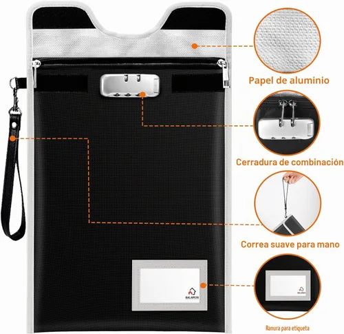 Vista 4 de BALAPERI Bolsa ignífuga para documentos, 15'x11', tamaño A4/A5/carta/legal, bolsa de dinero con cerradura de combinación, resistente al agua, negro