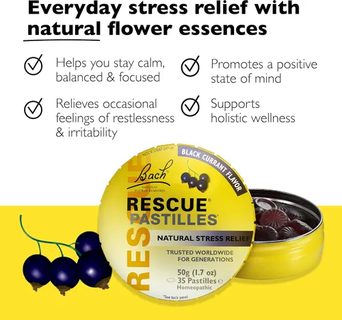 Vista 2 de Bach RESCUE PASTILLES, sabor grosella negra, pastillas naturales para aliviar el estrés, esencia floral homeopática, vegetariana, sin gluten